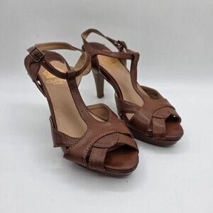 Crown Vintage Brown T-Strap Platform Sandals Retro Peep Toe Heels Size 7M Cognac